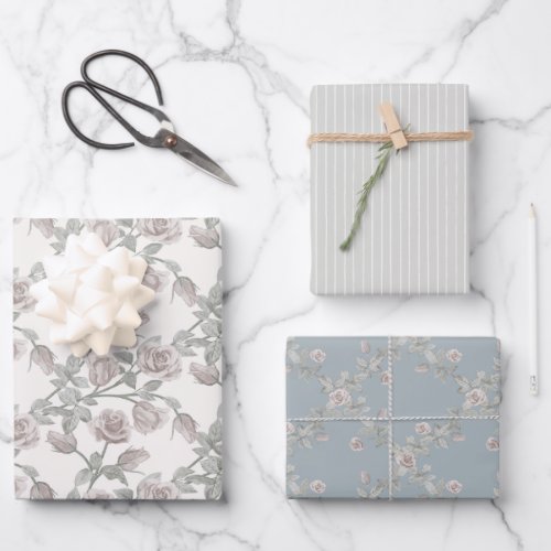 Ivory Rose, Sage Stripe & Dusty Blue Trellis