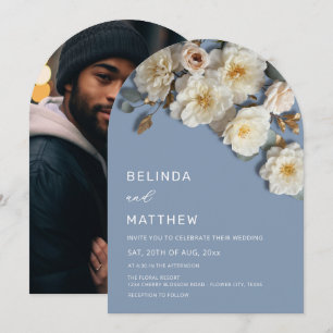 Ivory Roses 3D Flowers Dusty Blue Arch Wedding Inv Invitation