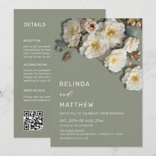 Ivory Roses 3D Flowers Sage Green All-In-One Invitation
