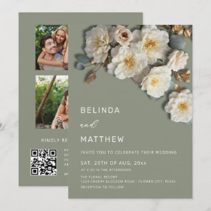 Ivory Roses 3D Flowers Sage Green Arch Wedding Inv Invitation