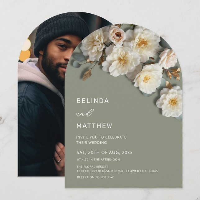 Ivory Roses 3D Flowers Sage Green Arch Wedding Inv Invitation (Front/Back)