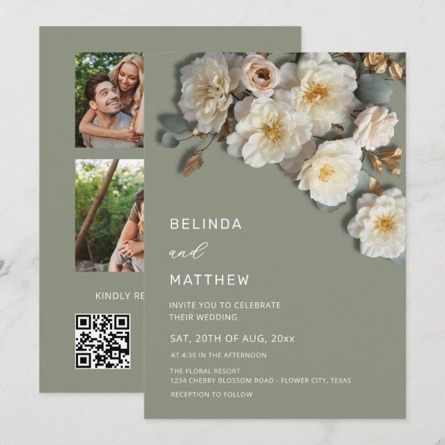 Ivory Roses 3D Flowers Sage Green Arch Wedding Inv Invitation (Front/Back)