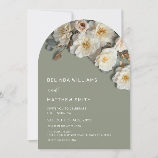 Ivory Roses 3D Flowers Sage Green Arch Wedding Invitation (Front)