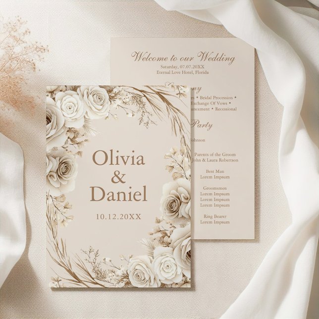 Ivory Roses Beige Wedding Ceremony Program (Boho Beige Dried Flower and White Roses Wedding Program on an elegant silky tablecloth)