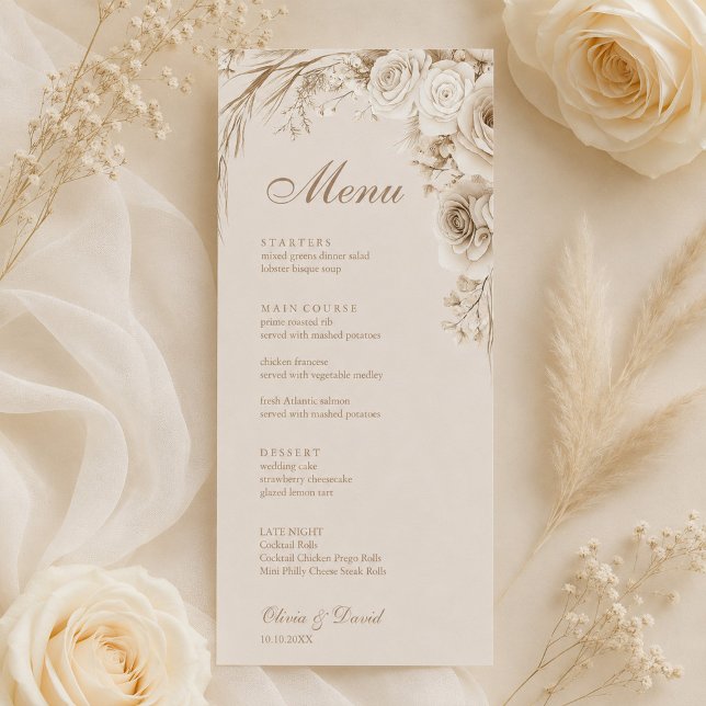 Ivory Roses Beige Wedding Menu Card (Ivory Roses Beige Wedding Menu Card with beige and ivory flowers)