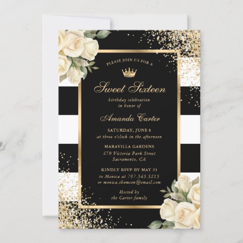 Ivory Roses Black Gold Sweet Sixteen Birthday Invitation