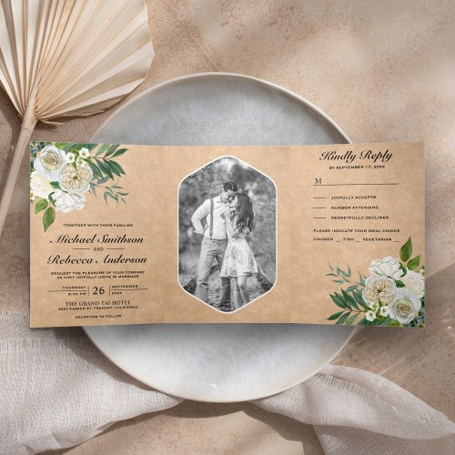 Ivory Roses Botanical Photo Rustic Kraft Wedding Tri_Fold Invitation