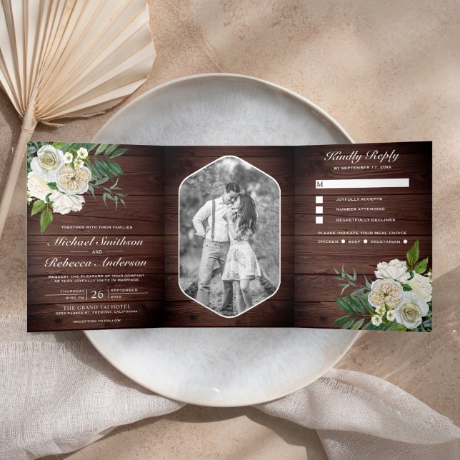 Ivory Roses Botanical Photo Rustic Wood Wedding Tri-Fold Invitation (Creator Uploaded)