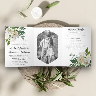 Ivory Roses Botanical Photo White Floral Wedding Tri-Fold Invitation