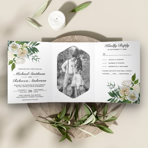 Ivory Roses Botanical Photo White Floral Wedding Tri_Fold Invitation