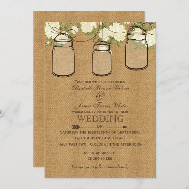 ivory roses burlap  mason jar wedding invites (Front/Back)