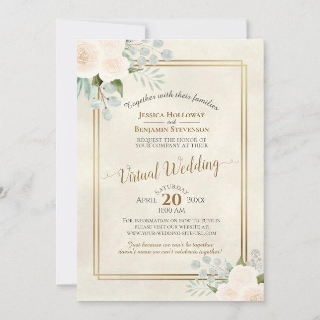 Ivory Roses & Eucalyptus Elegant Virtual Wedding Invitation (Front)