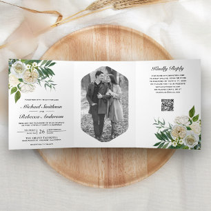 Ivory Roses Floral Botanical Photo QR Code Wedding Tri-Fold Invitation