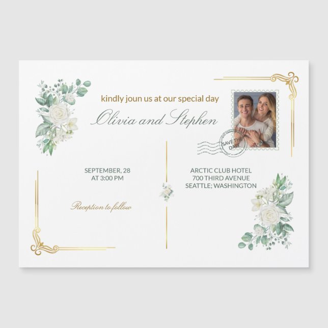 Ivory Roses floral Save the Date Magnet card (Front)