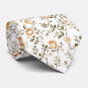 Ivory Roses on White Neck Tie