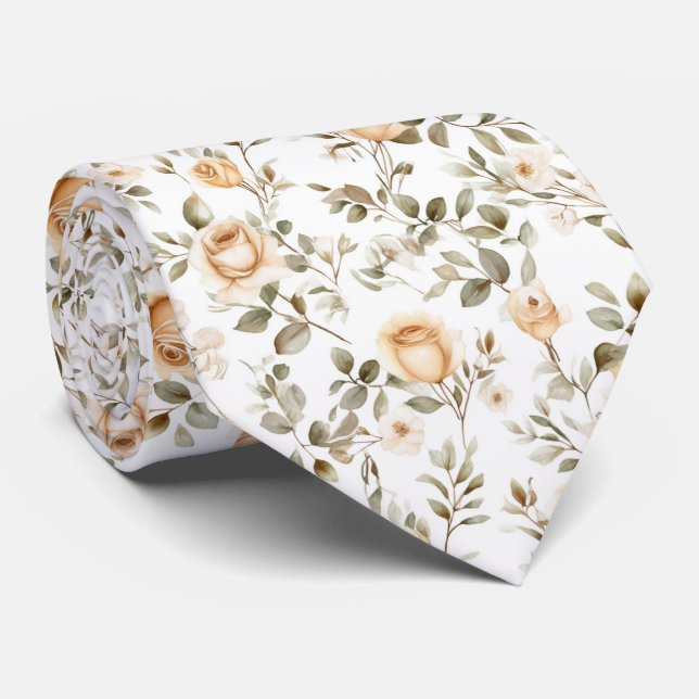 Ivory Roses on White Neck Tie (Rolled)