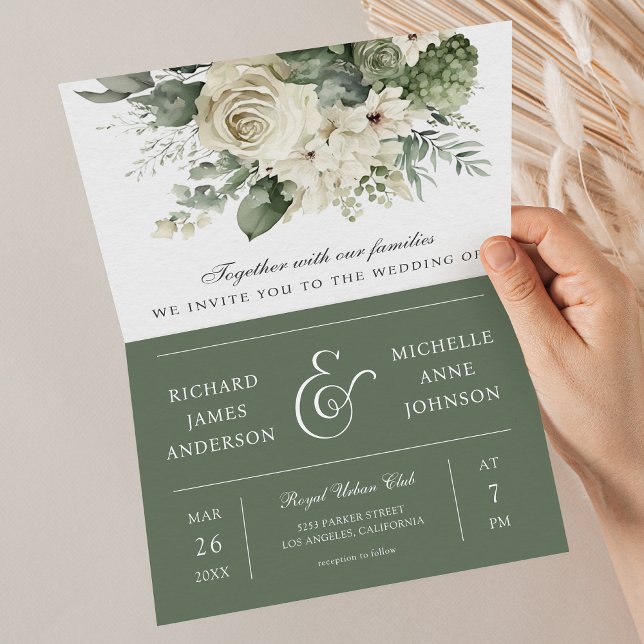 Ivory Roses Sage Green Floral QR Code Wedding Invitation (Creator Uploaded)