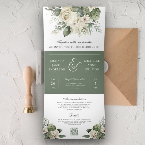 Ivory Roses Sage Green Floral QR Code Wedding Tri_Fold Invitation