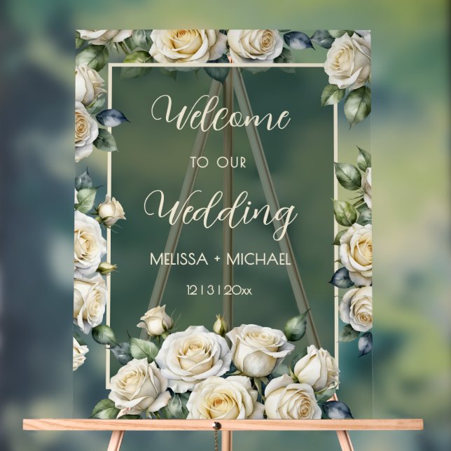 Ivory Roses Wedding Transparent Acrylic Sign (Neutral)
