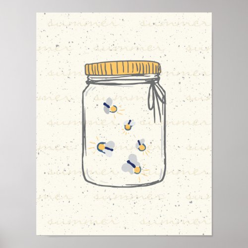 Ivory Rough Sketch Fireflies in Mason Jar Poster
