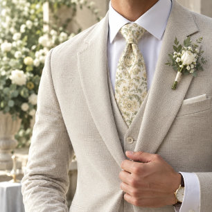 Ivory Sage Butter Yellow Floral Damask Neck Tie