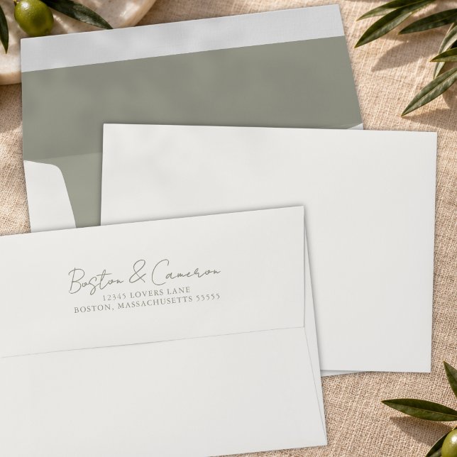 Ivory Sage Elegant Script Wedding Return Address Envelope (minimal ivory sage green destination wedding personalized return address envelope)