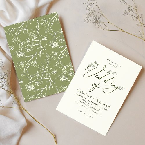Ivory Sage Green Delicate Line Art Floral Wedding Invitation