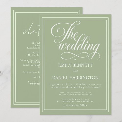 Ivory Sage Green Elegant Calligraphy Wedding Invitation