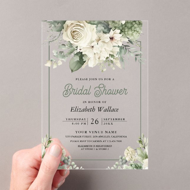 Ivory Sage Green Floral Bridal Shower Acrylic Invitations (Insitu (Handheld))
