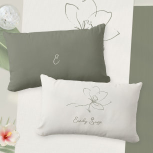 Ivory Sage Green Floral Line Art Minimalist Zen Lumbar Pillow