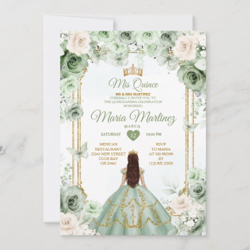 Ivory  Sage Green Floral Mis Quince Birthday Invitation