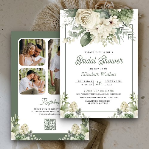 Ivory Sage Green Floral QR Code Bridal Shower Invitation