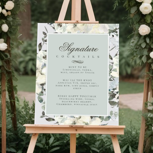 Ivory Sage Green Floral Signature Cocktail Menu Foam Board