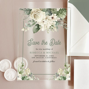 Ivory Sage Green Floral Wedding Save the Date Acrylic Invitations