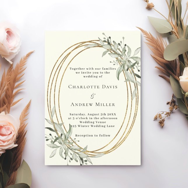 Ivory sage green greenery gold frame wedding invitation (Creator Uploaded)