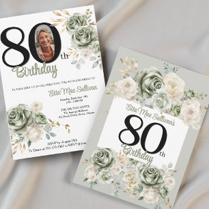 Ivory Sage green Roses Floral 80th birthday Photo Invitation