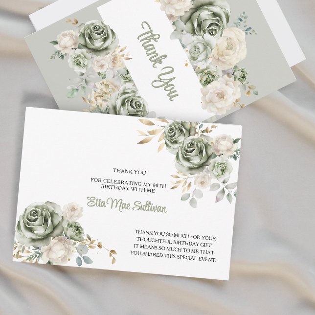 Ivory Sage green Roses Floral 80th birthday Thank You Card (Creator Uploaded)