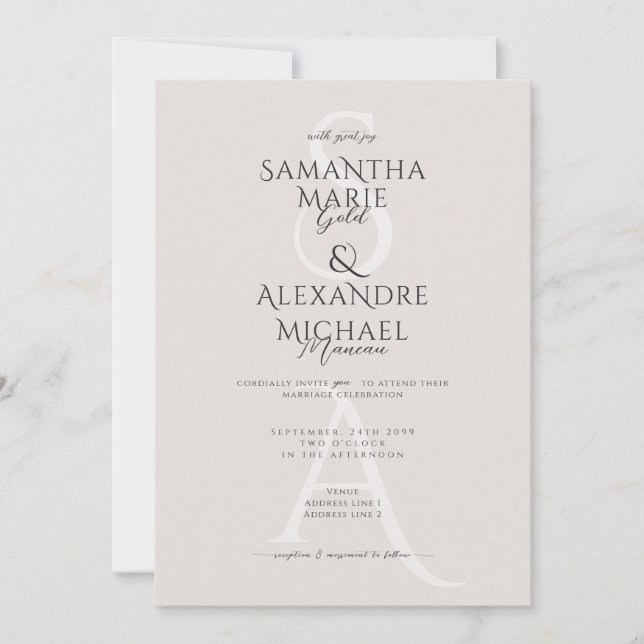 Ivory Script Classy Contemporary Monogram Wedding Invitation (Front)