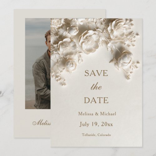 Ivory Sculptural Flowers Wedding Save The Date