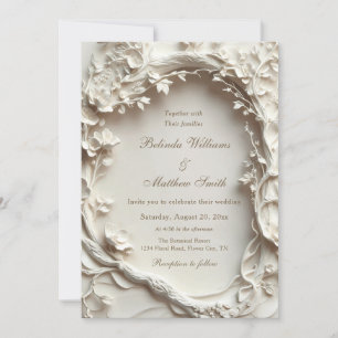 Ivory Sculptured Flowers Wreath Wedding Invitation
