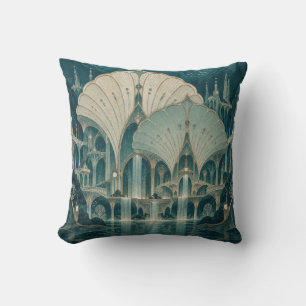 Ivory Seashell Palace Teal Ocean Fantasy Throw Pillow