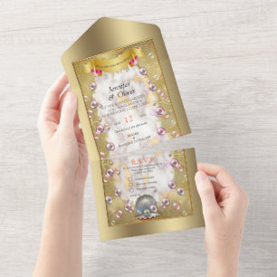 Ivory Silk, Gold Lace & Pearls and Marble All In One Invitation