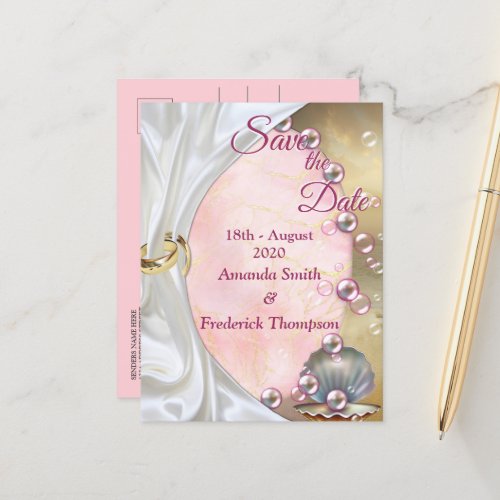 Ivory Silk Gold Lace  Pearls and Marble Announcement Postcard