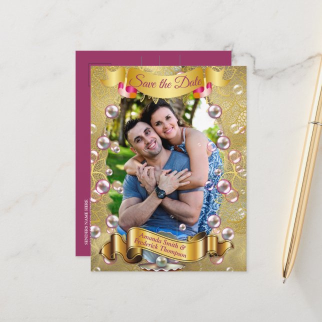Ivory Silk, Gold Lace & Pearls and Marble Announcement Postcard (Front/Back In Situ)