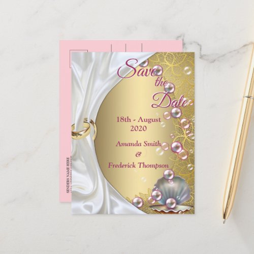 Ivory Silk Gold Lace  Pearls and Marble Announcement Postcard