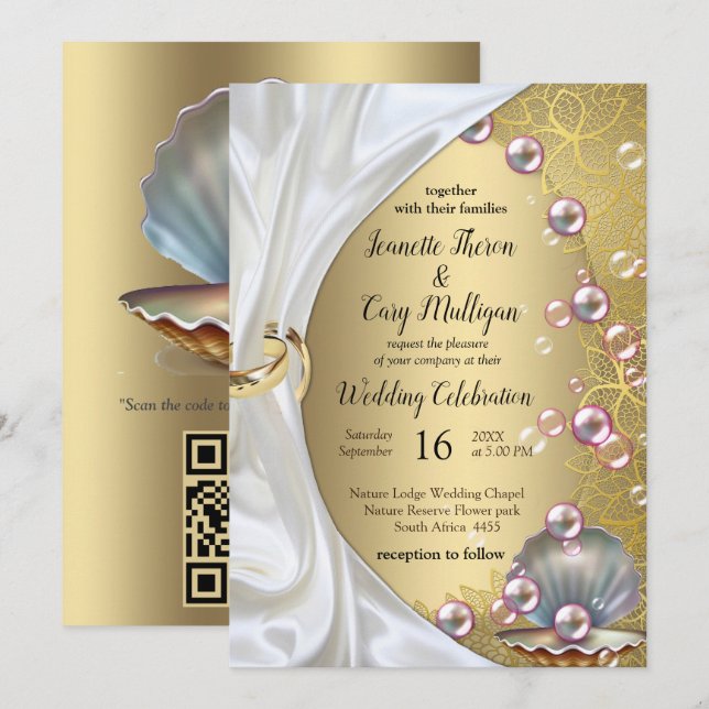 Ivory Silk, Gold Lace & Pearls and Marble Invitation (Front/Back)