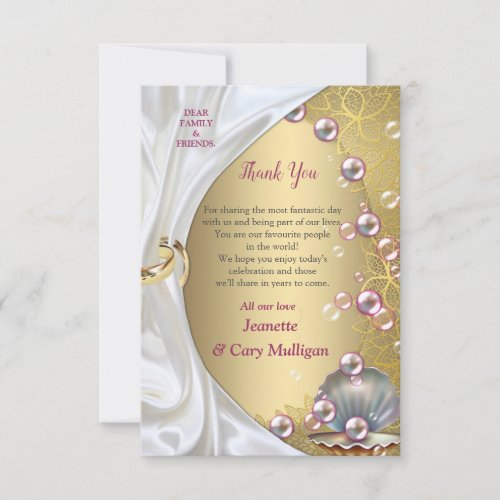 Ivory Silk Gold Lace  Pearls and Marble Thank You Card