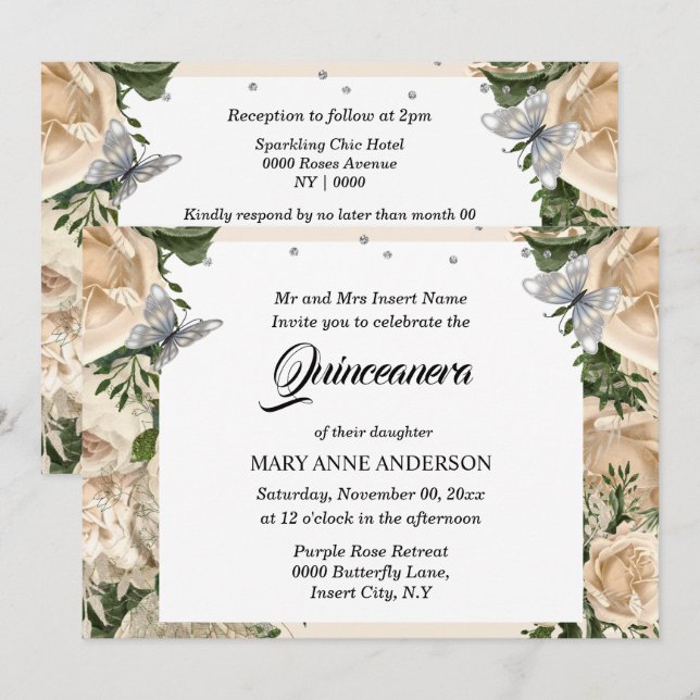 Ivory silver butterfly elegant rose quinceanera invitation (Front/Back)