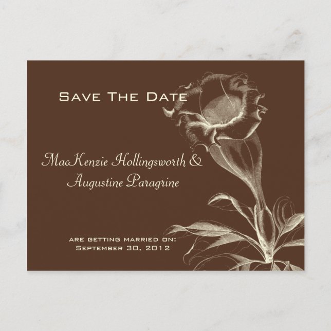 Ivory Sketched Flower on Brown Save The Date Announcement Postcard (Front)