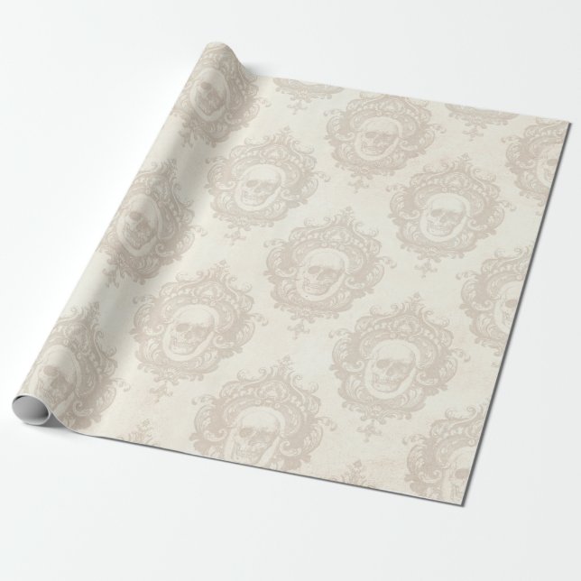 Ivory skulls Damask Baroque Patterned Wrapping Paper (Unrolled)